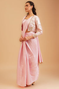 Pink Zari Embroidered Crepe Satin Straight Crop Top Saree with Jacket