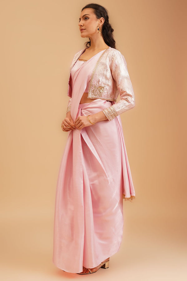 Pink Zari Embroidered Crepe Satin Straight Crop Top Saree with Jacket