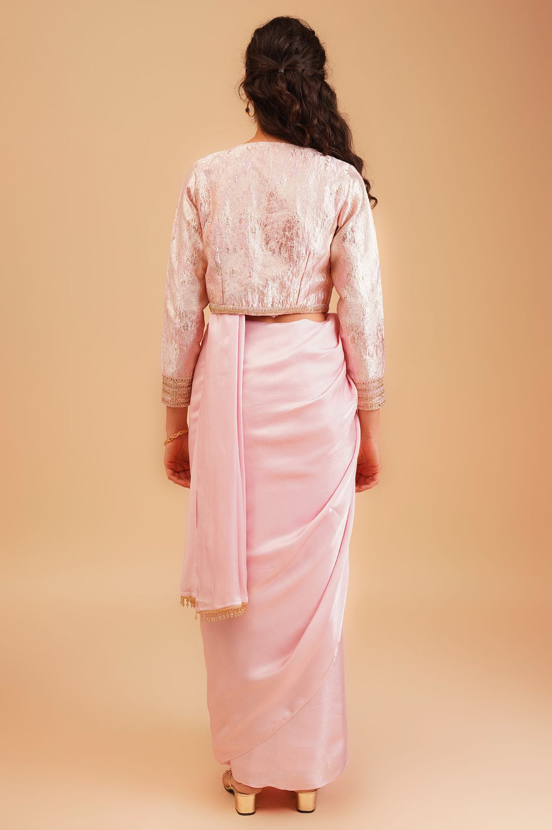 Pink Zari Embroidered Crepe Satin Straight Crop Top Saree with Jacket