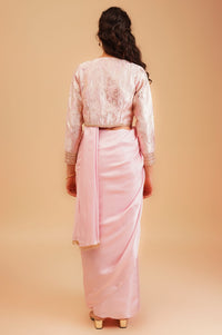 Pink Zari Embroidered Crepe Satin Straight Crop Top Saree with Jacket