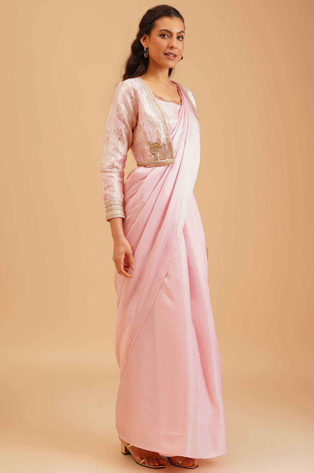 Pink Zari Embroidered Crepe Satin Straight Crop Top Saree with Jacket