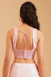 Pink Zari Embroidered Crepe Satin Straight Crop Top Saree with Jacket