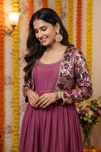 Purple Sequin Shimmer Chinon Sleeveless Flared Dress and Jacket Set