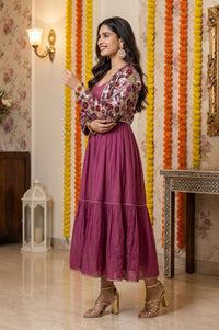 Purple Sequin Shimmer Chinon Sleeveless Flared Dress and Jacket Set