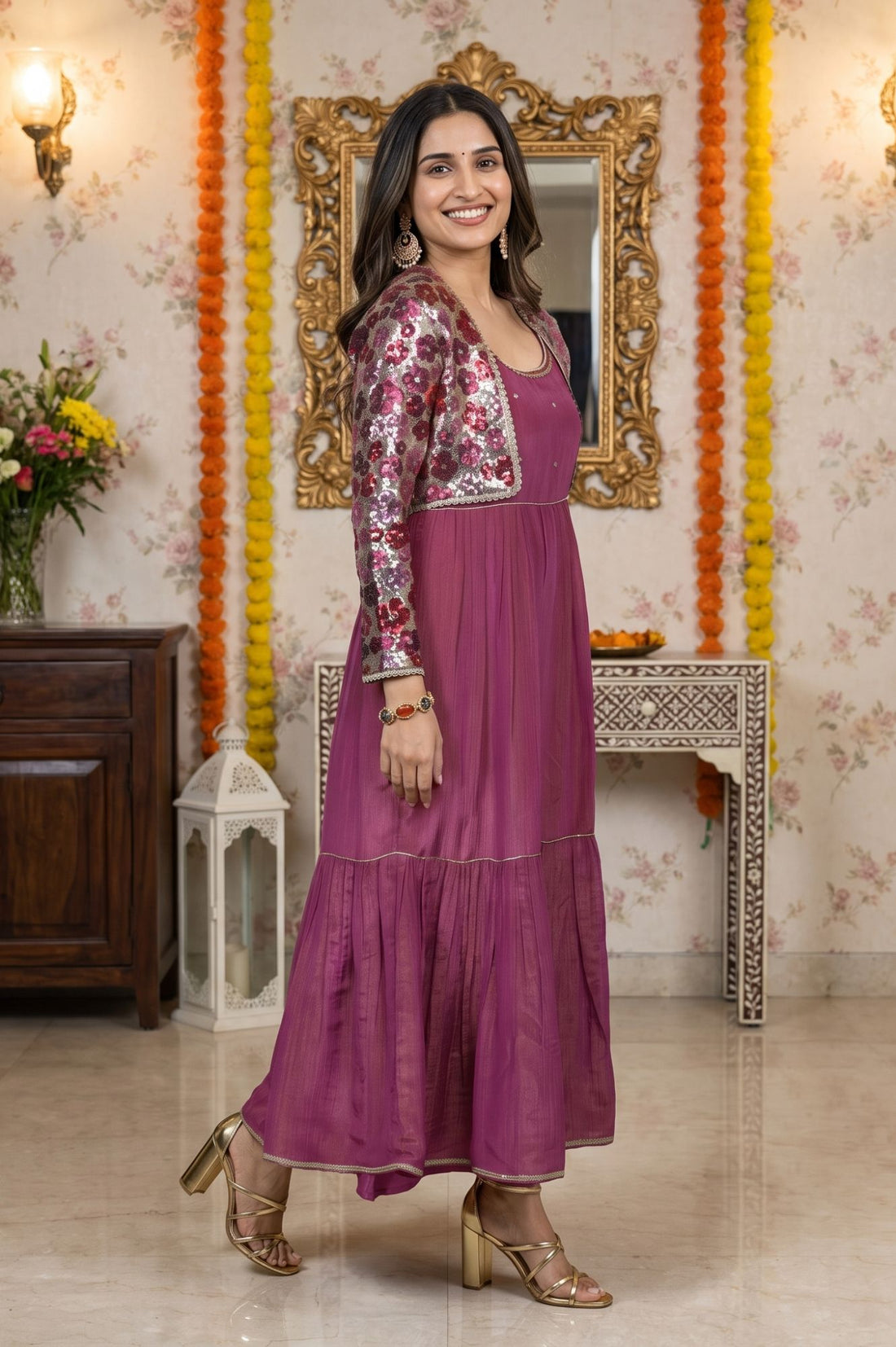 Purple Sequin Shimmer Chinon Sleeveless Flared Dress and Jacket Set