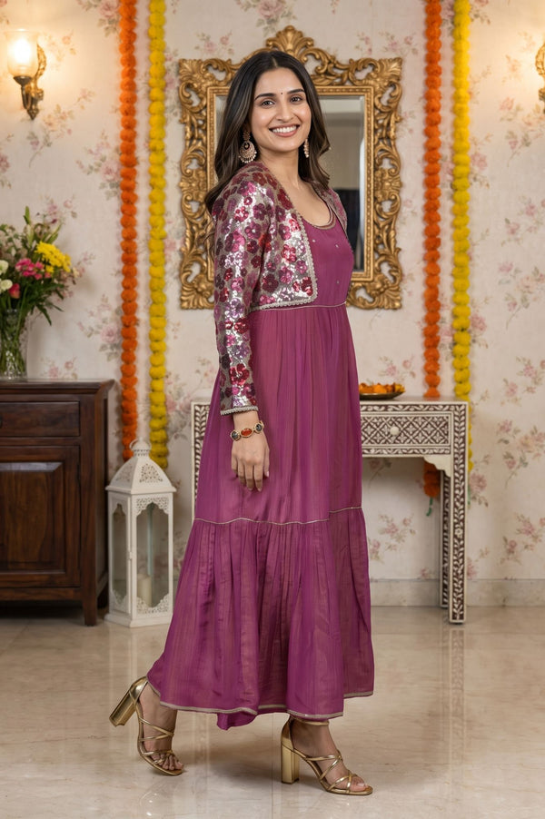 Purple Sequin Shimmer Chinon Sleeveless Flared Dress and Jacket Set