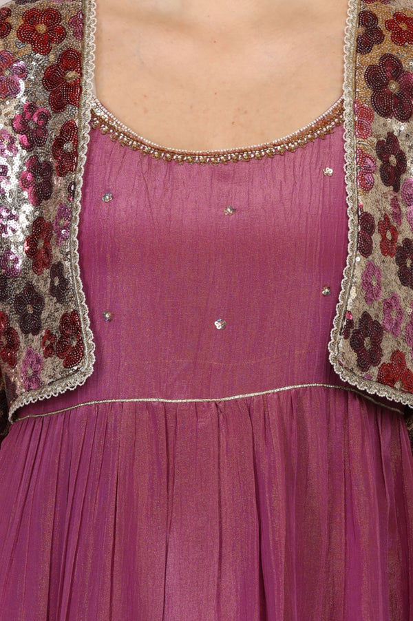 Purple Sequin Shimmer Chinon Sleeveless Flared Dress and Jacket Set