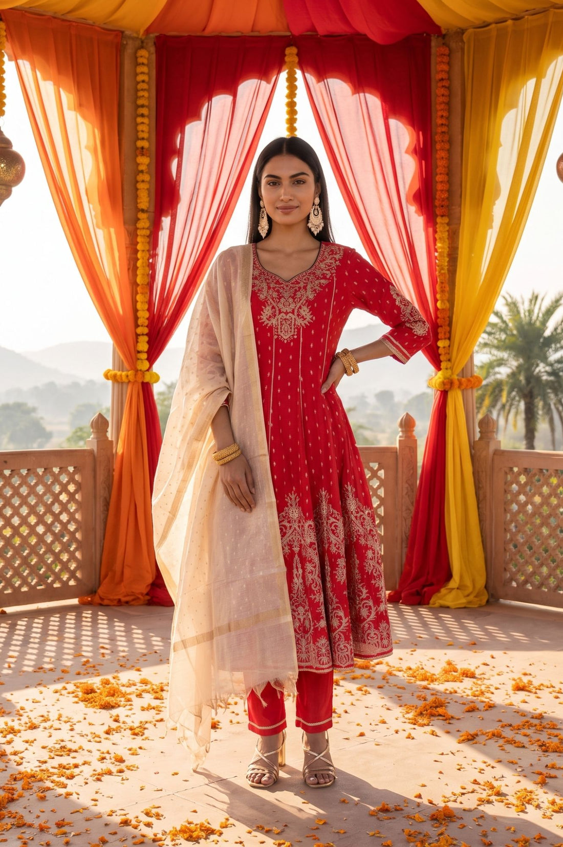 Red Chander Butti Anarkali Kurta Pant &amp; Beige Dupatta Set with Zari Work