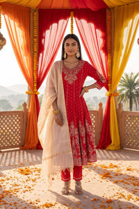 Red Chander Butti Anarkali Kurta Pant &amp; Beige Dupatta Set with Zari Work