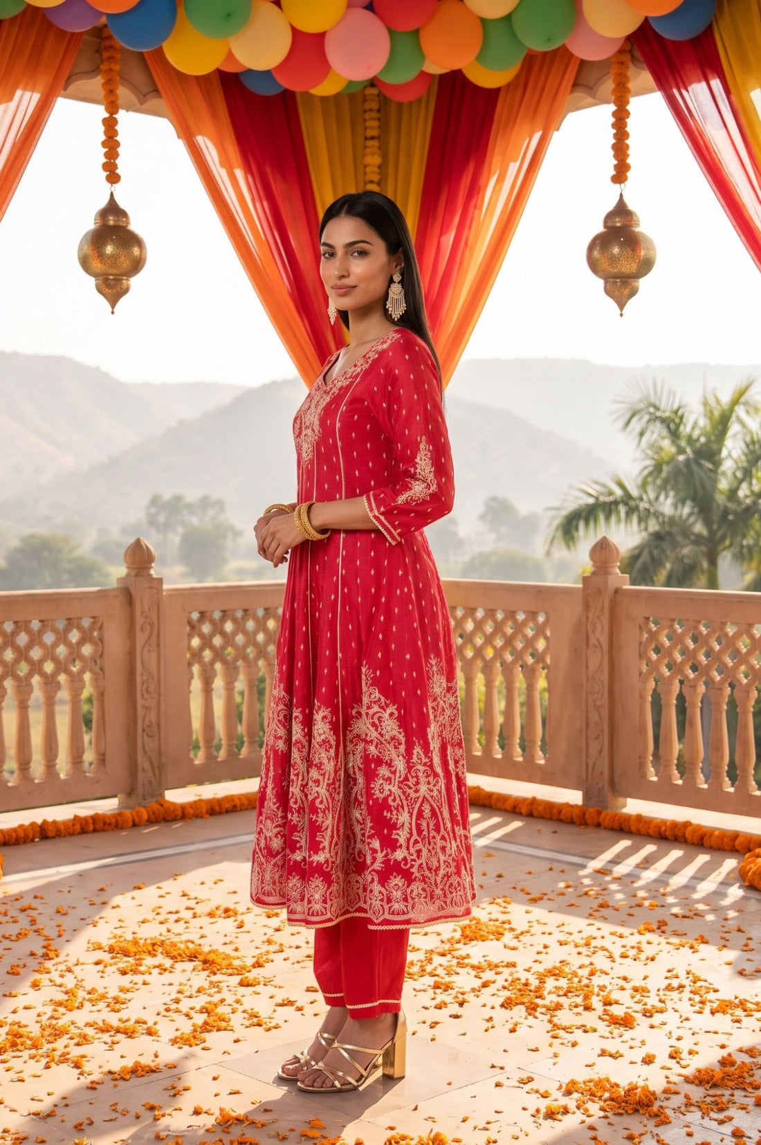 Red Chander Butti Anarkali Kurta Pant &amp; Beige Dupatta Set with Zari Work