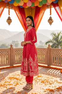 Red Chander Butti Anarkali Kurta Pant &amp; Beige Dupatta Set with Zari Work