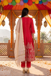Red Chander Butti Anarkali Kurta Pant &amp; Beige Dupatta Set with Zari Work