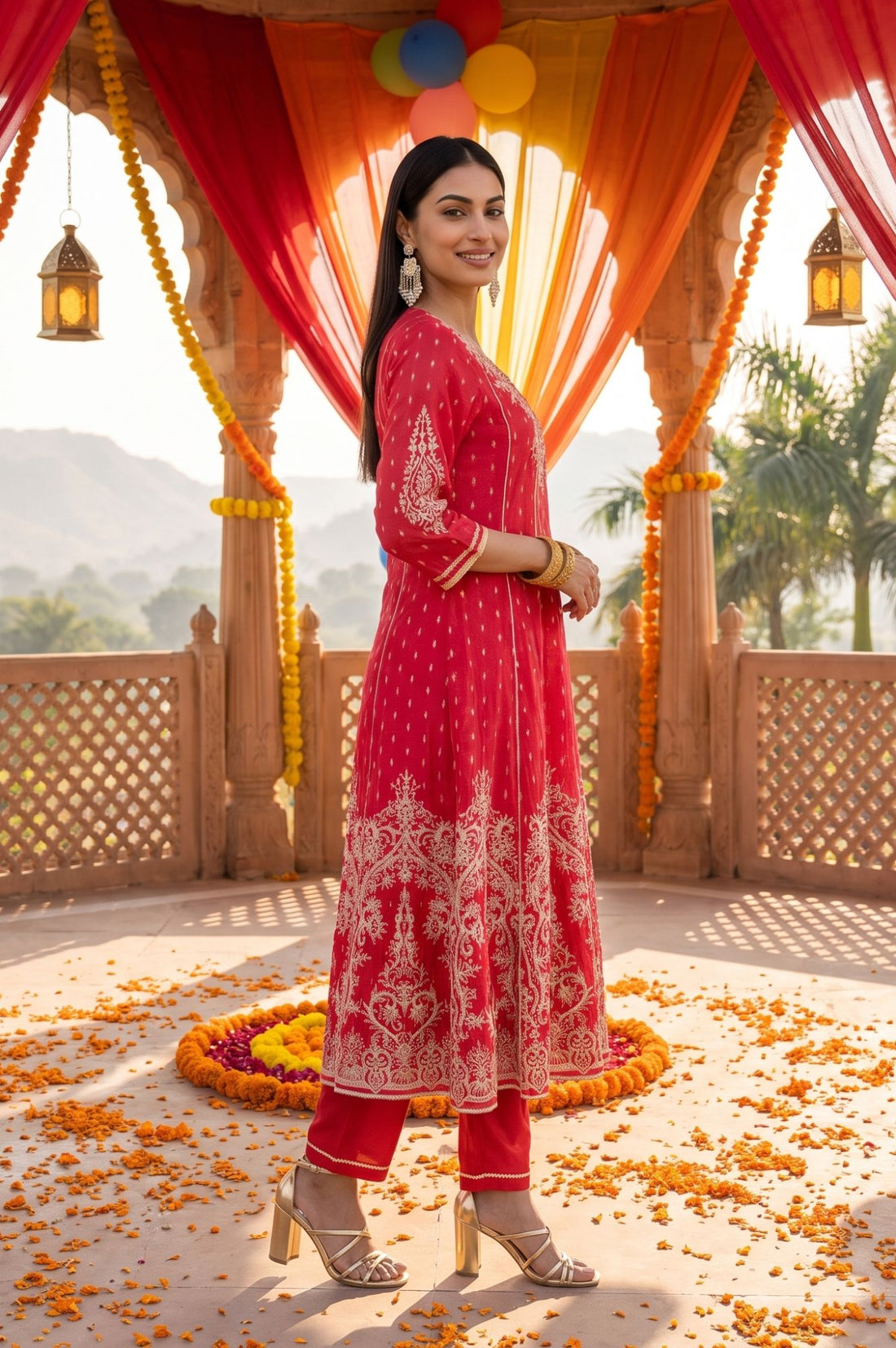 Red Chander Butti Anarkali Kurta Pant &amp; Beige Dupatta Set with Zari Work
