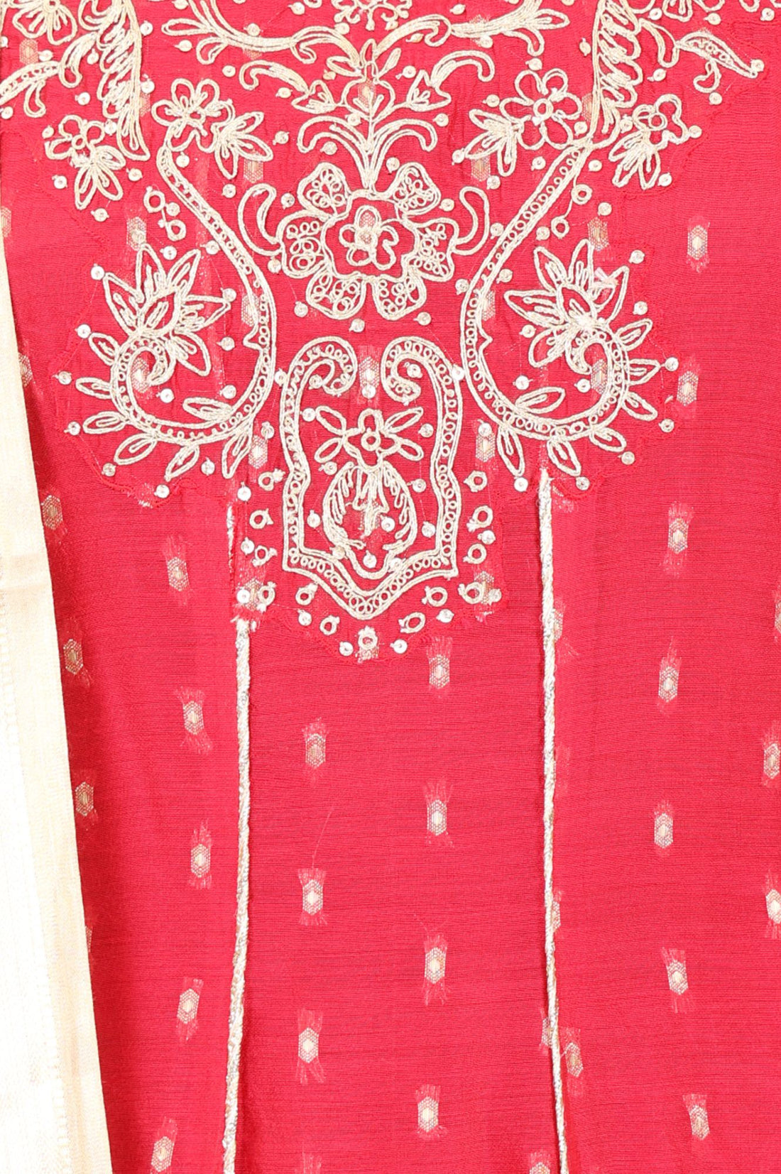 Red Chander Butti Anarkali Kurta Pant &amp; Beige Dupatta Set with Zari Work