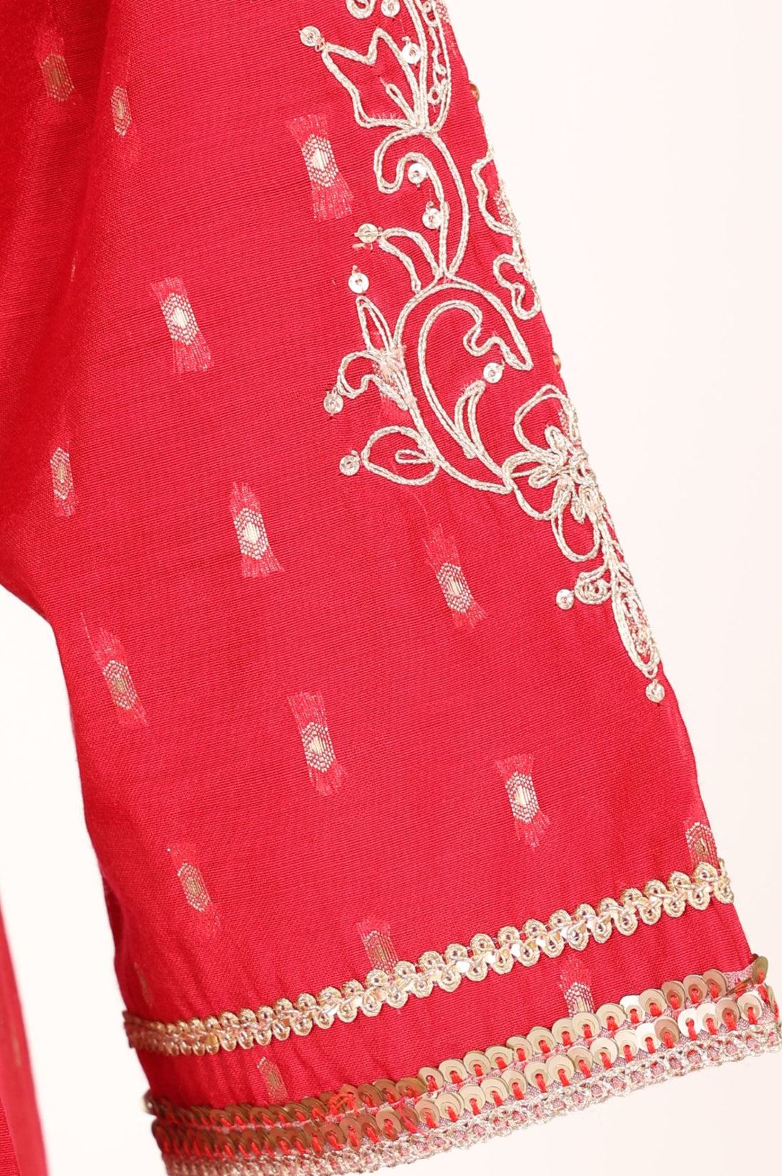 Red Chander Butti Anarkali Kurta Pant &amp; Beige Dupatta Set with Zari Work