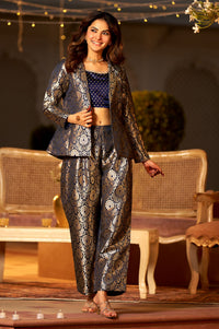 Navy Blue Yarn Dyed Jacquard Straight Crop Top with Pants and Jacket Set