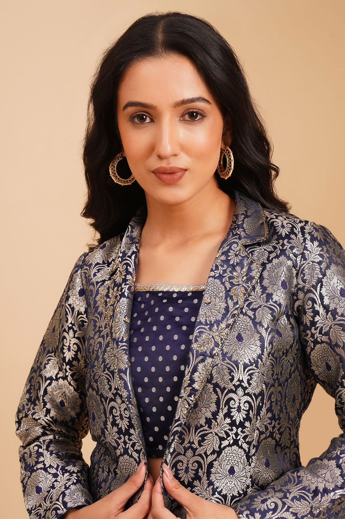 Navy Blue Yarn Dyed Jacquard Straight Crop Top with Pants and Jacket Set