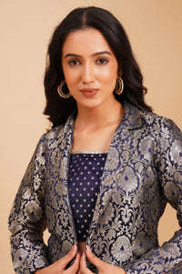 Navy Blue Yarn Dyed Jacquard Straight Crop Top with Pants and Jacket Set