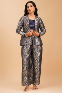 Navy Blue Yarn Dyed Jacquard Straight Crop Top with Pants and Jacket Set