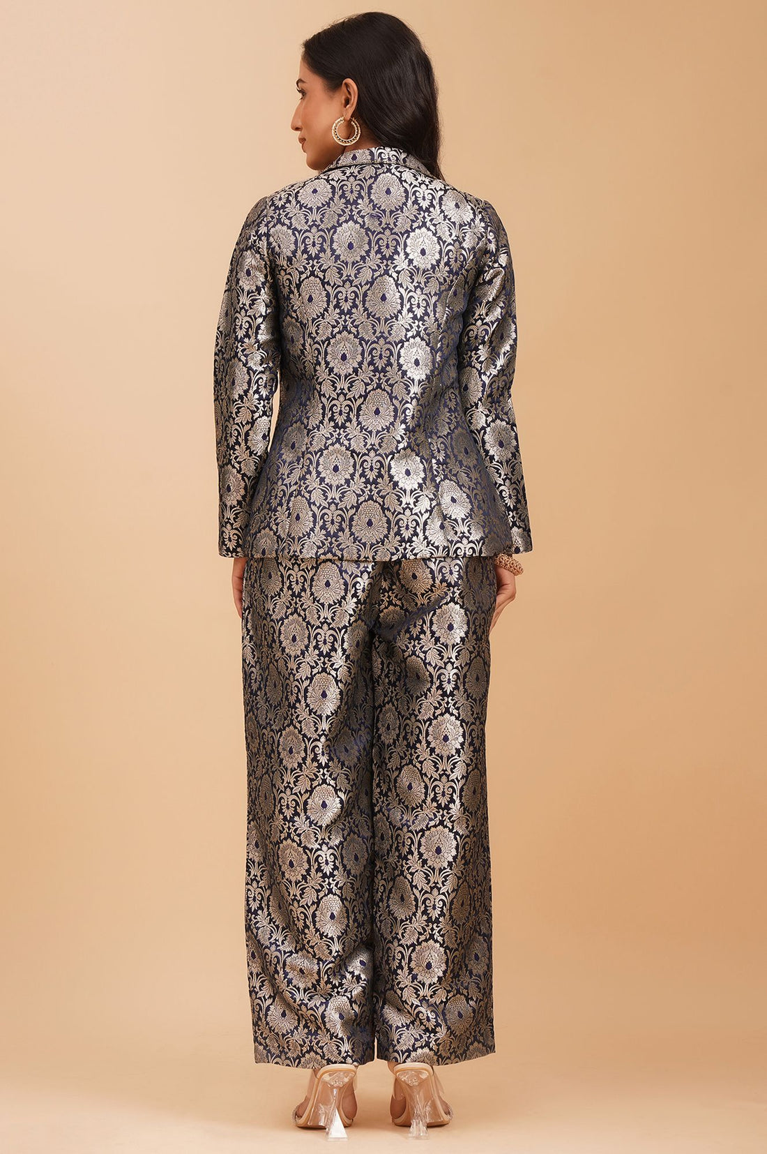 Navy Blue Yarn Dyed Jacquard Straight Crop Top with Pants and Jacket Set