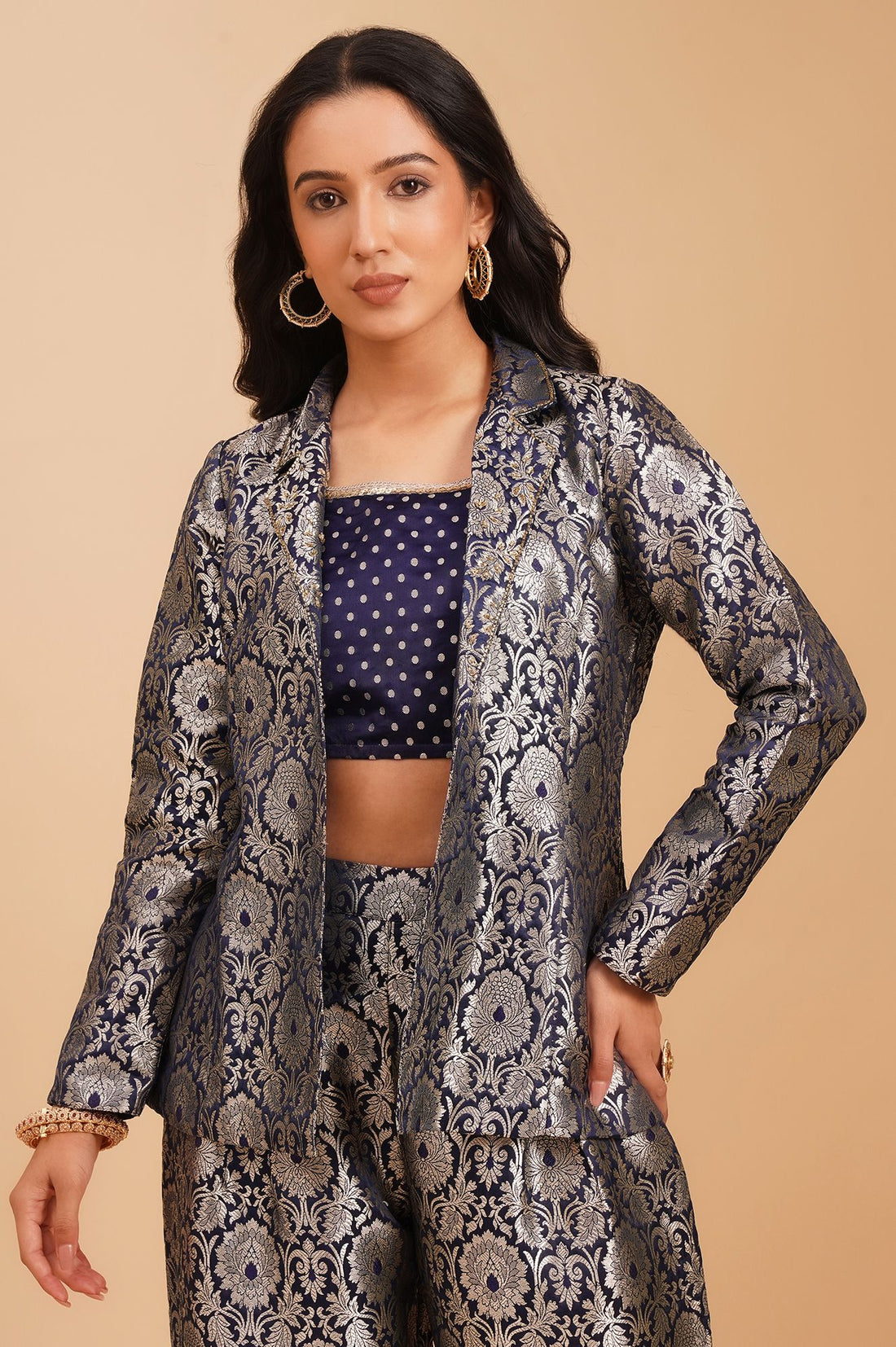 Navy Blue Yarn Dyed Jacquard Straight Crop Top with Pants and Jacket Set