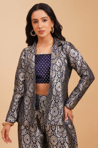 Navy Blue Yarn Dyed Jacquard Straight Crop Top with Pants and Jacket Set
