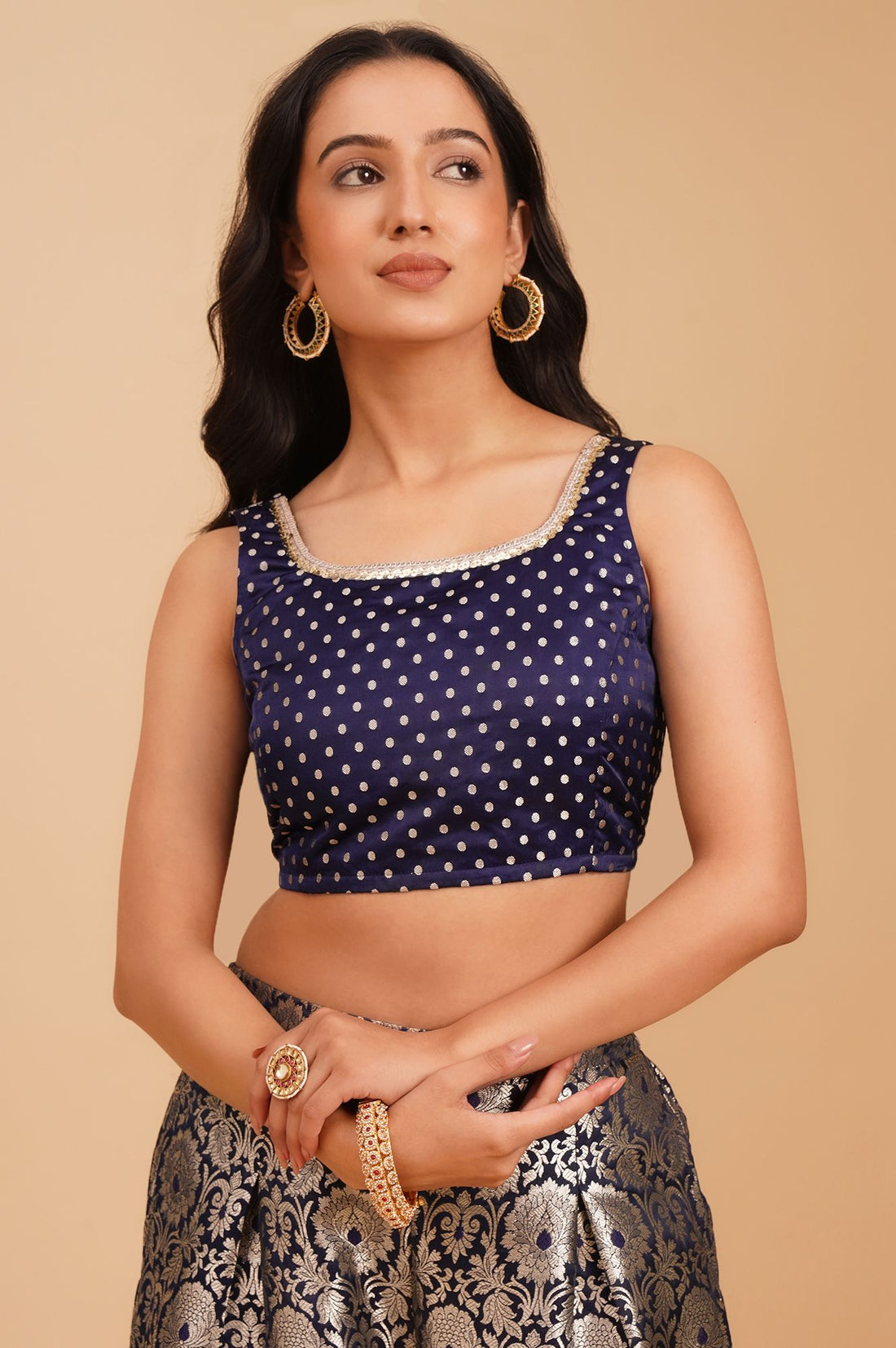 Navy Blue Yarn Dyed Jacquard Straight Crop Top with Pants and Jacket Set