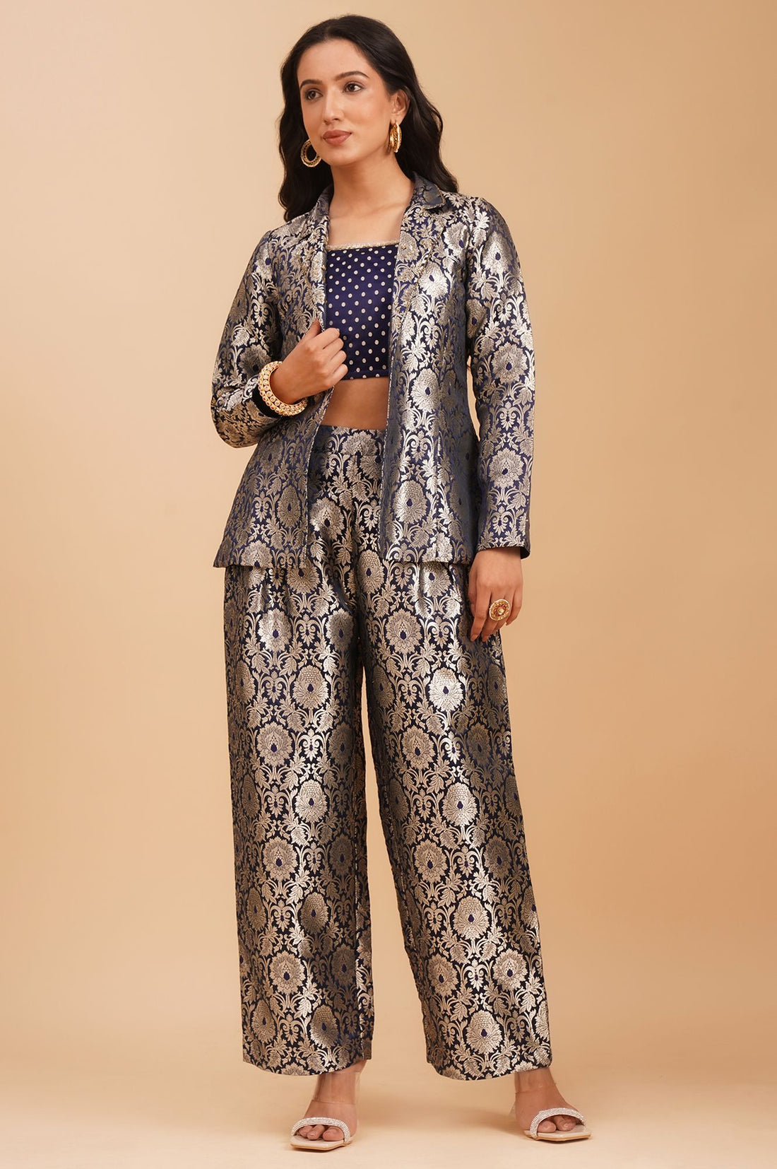 Navy Blue Yarn Dyed Jacquard Straight Crop Top with Pants and Jacket Set