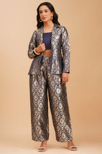 Navy Blue Yarn Dyed Jacquard Straight Crop Top with Pants and Jacket Set