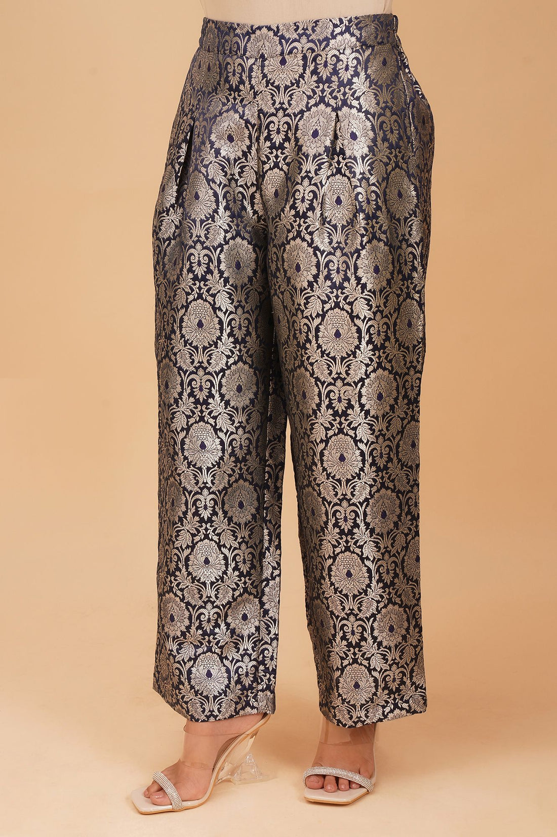 Navy Blue Yarn Dyed Jacquard Straight Crop Top with Pants and Jacket Set