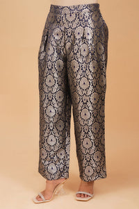 Navy Blue Yarn Dyed Jacquard Straight Crop Top with Pants and Jacket Set