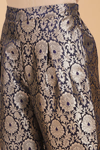 Navy Blue Yarn Dyed Jacquard Straight Crop Top with Pants and Jacket Set
