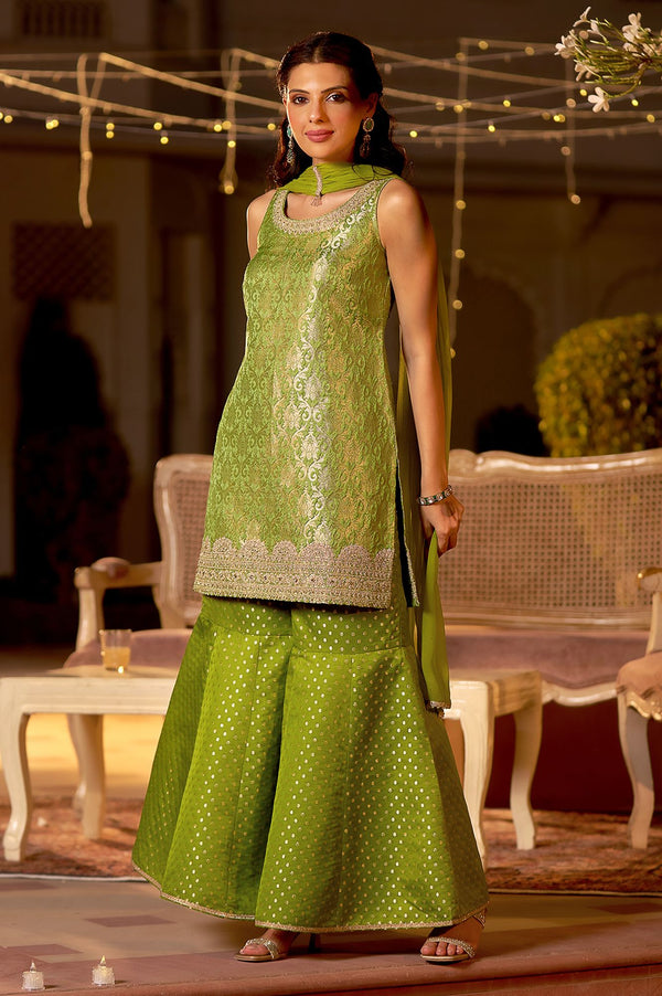 Green Zari Embroidered Jacquard Sleeveless Straight Kurta with Sharara and Dupatta Set
