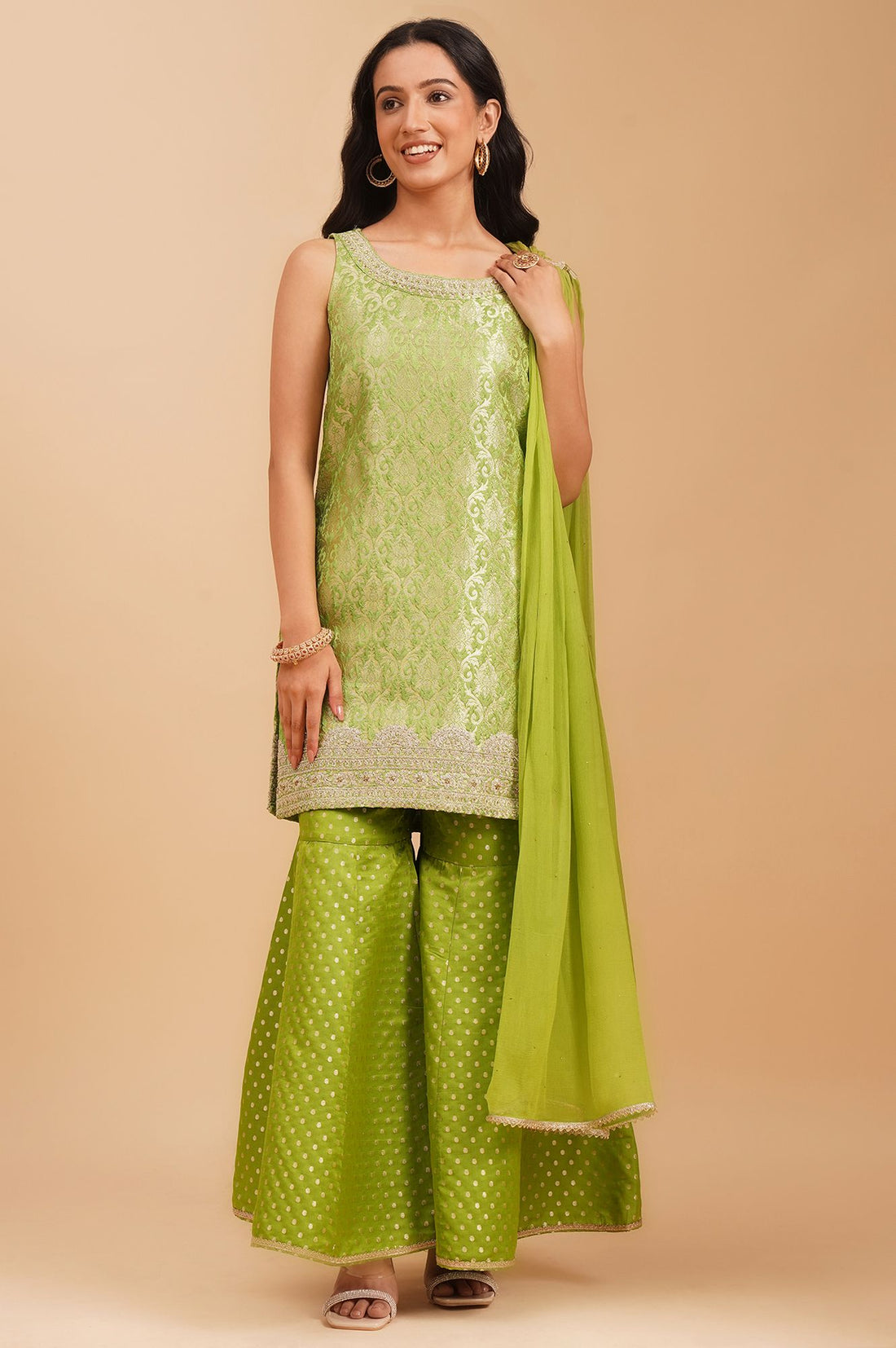 Green Zari Embroidered Jacquard Sleeveless Straight Kurta with Sharara and Dupatta Set