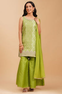 Green Zari Embroidered Jacquard Sleeveless Straight Kurta with Sharara and Dupatta Set