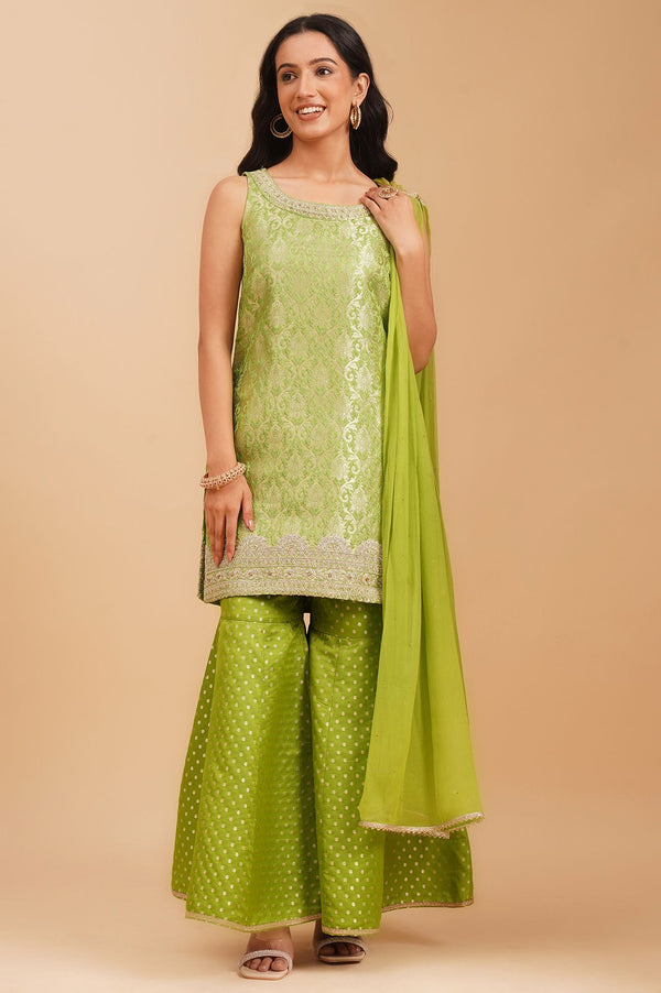 Green Zari Embroidered Jacquard Sleeveless Straight Kurta with Sharara and Dupatta Set