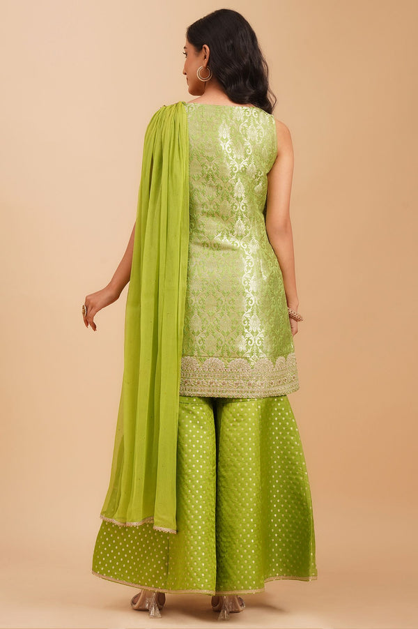 Green Zari Embroidered Jacquard Sleeveless Straight Kurta with Sharara and Dupatta Set