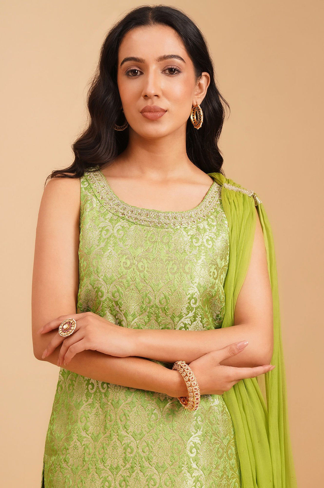 Green Zari Embroidered Jacquard Sleeveless Straight Kurta with Sharara and Dupatta Set