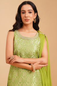 Green Zari Embroidered Jacquard Sleeveless Straight Kurta with Sharara and Dupatta Set