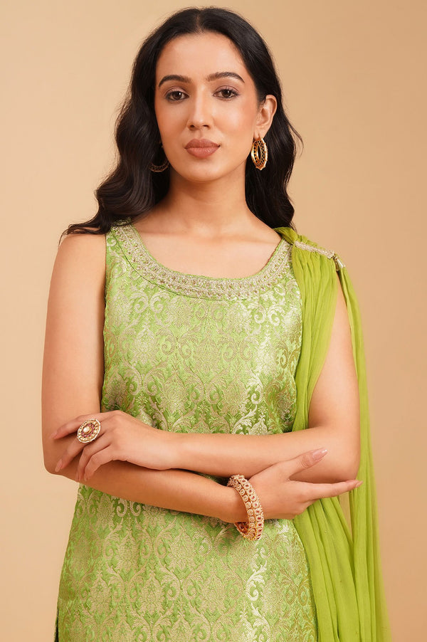 Green Zari Embroidered Jacquard Sleeveless Straight Kurta with Sharara and Dupatta Set