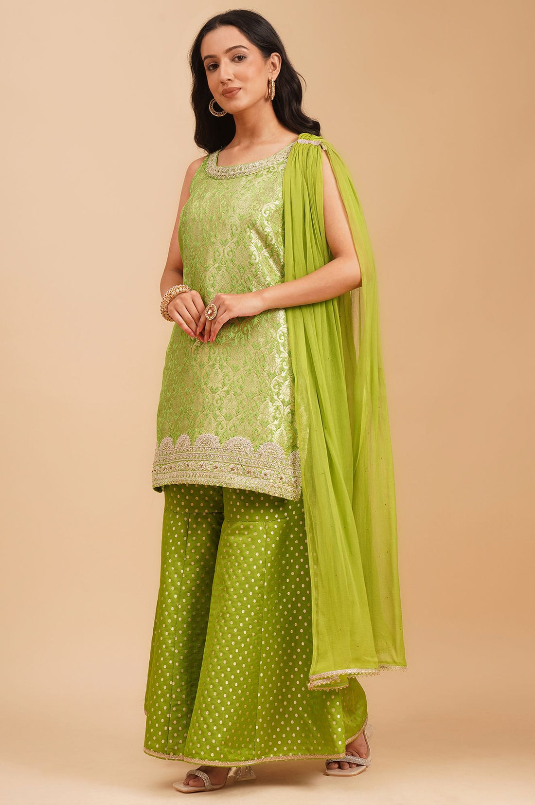 Green Zari Embroidered Jacquard Sleeveless Straight Kurta with Sharara and Dupatta Set