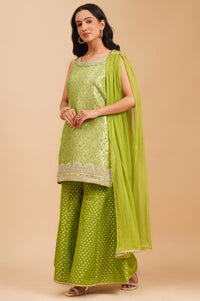 Green Zari Embroidered Jacquard Sleeveless Straight Kurta with Sharara and Dupatta Set