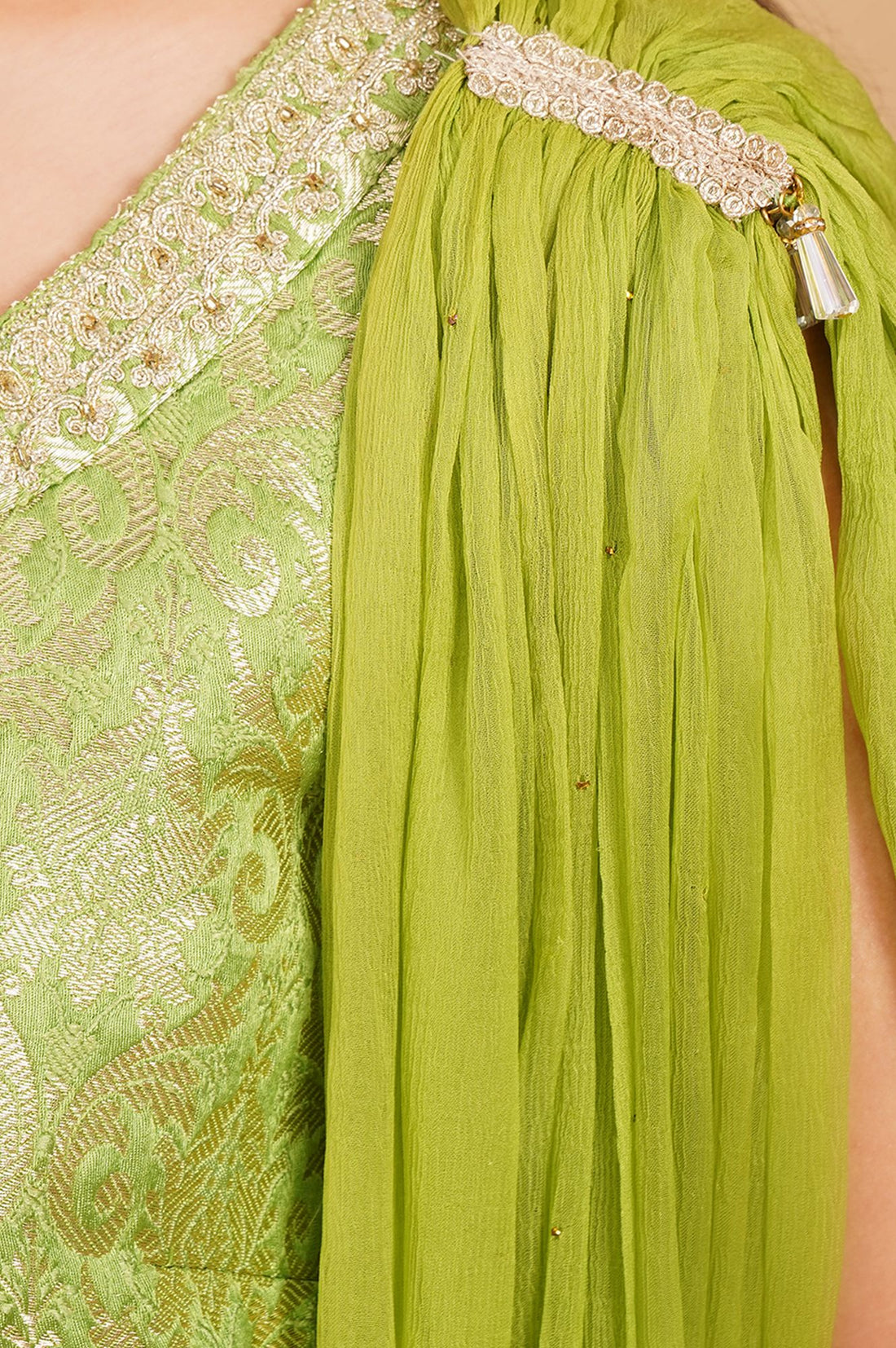 Green Zari Embroidered Jacquard Sleeveless Straight Kurta with Sharara and Dupatta Set