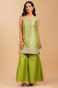 Green Zari Embroidered Jacquard Sleeveless Straight Kurta with Sharara and Dupatta Set