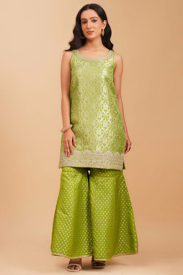 Green Zari Embroidered Jacquard Sleeveless Straight Kurta with Sharara and Dupatta Set