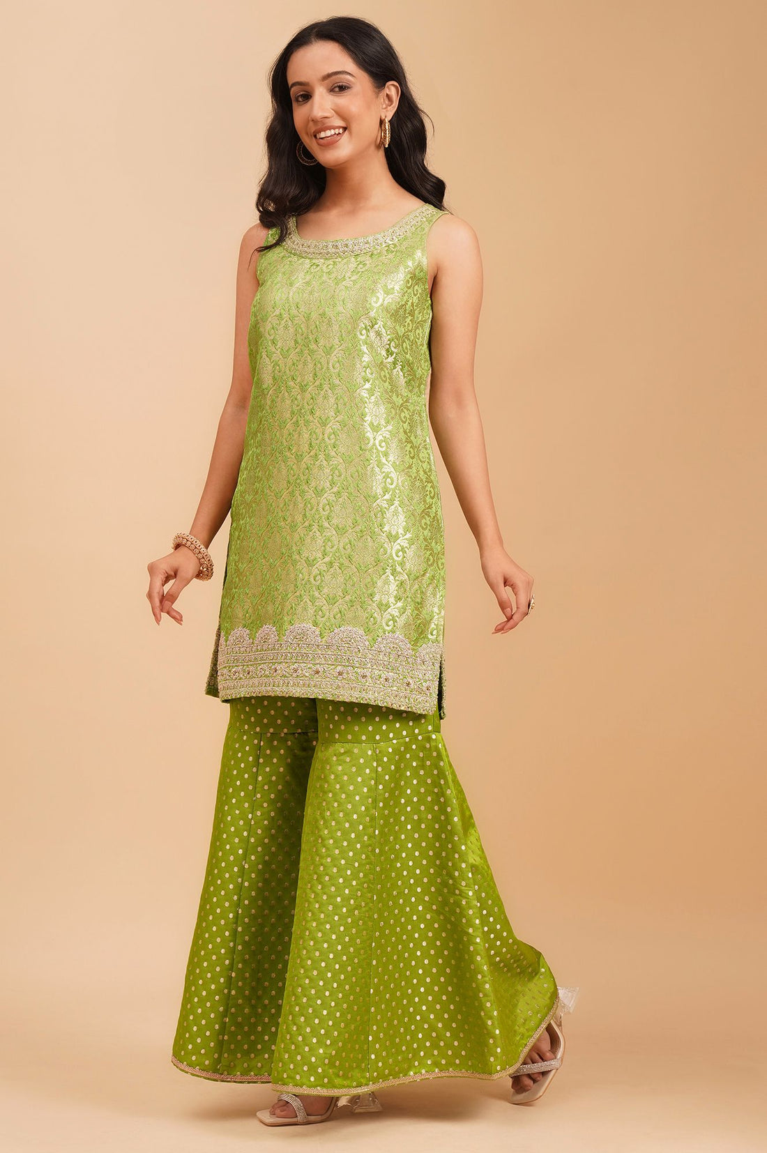 Green Zari Embroidered Jacquard Sleeveless Straight Kurta with Sharara and Dupatta Set