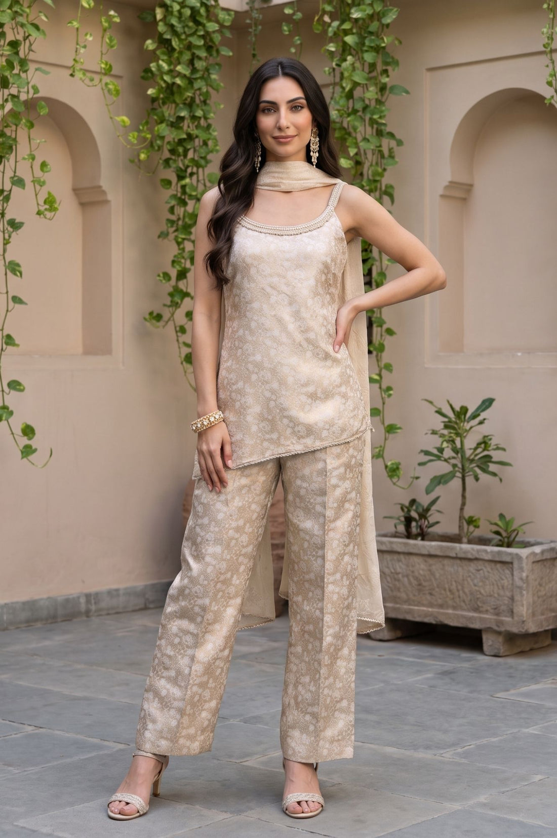 Beige Self Design Jacquard Asymmetric Kurta Pant &amp; Dupatta Set with Pearl Work