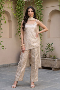 Beige Self Design Jacquard Asymmetric Kurta Pant &amp; Dupatta Set with Pearl Work