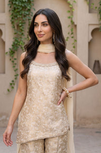 Beige Self Design Jacquard Asymmetric Kurta Pant &amp; Dupatta Set with Pearl Work
