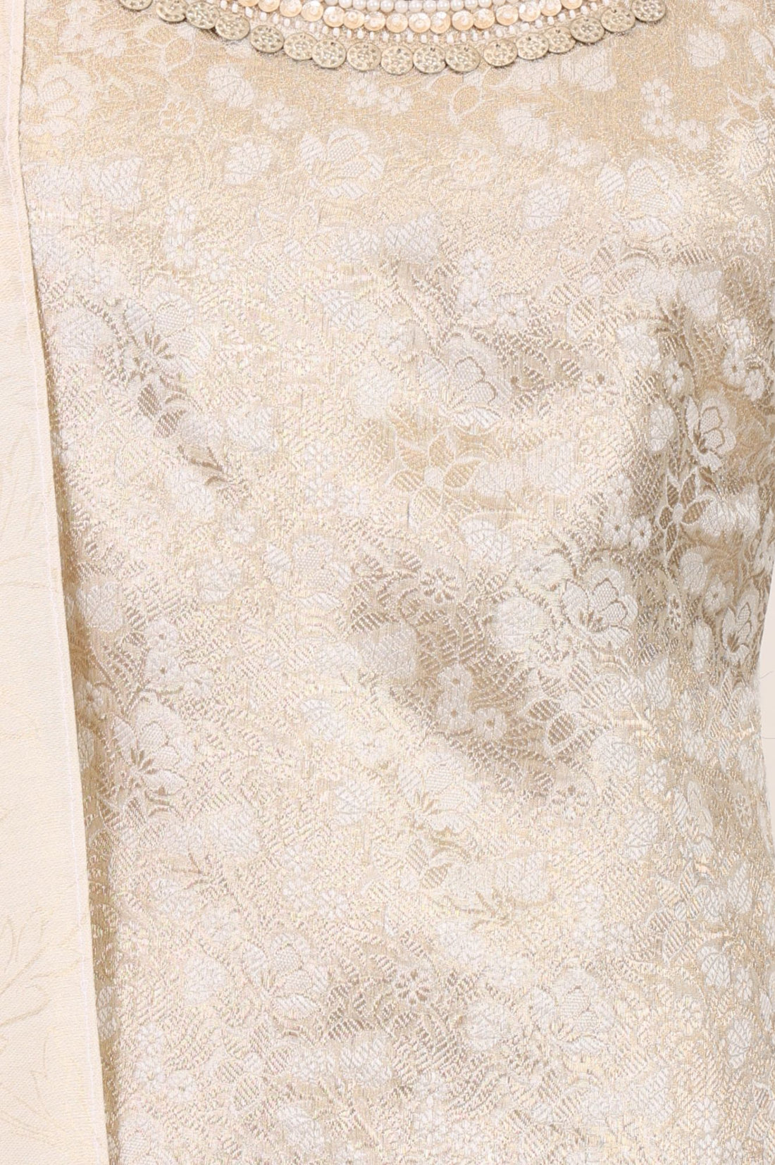 Beige Self Design Jacquard Asymmetric Kurta Pant &amp; Dupatta Set with Pearl Work